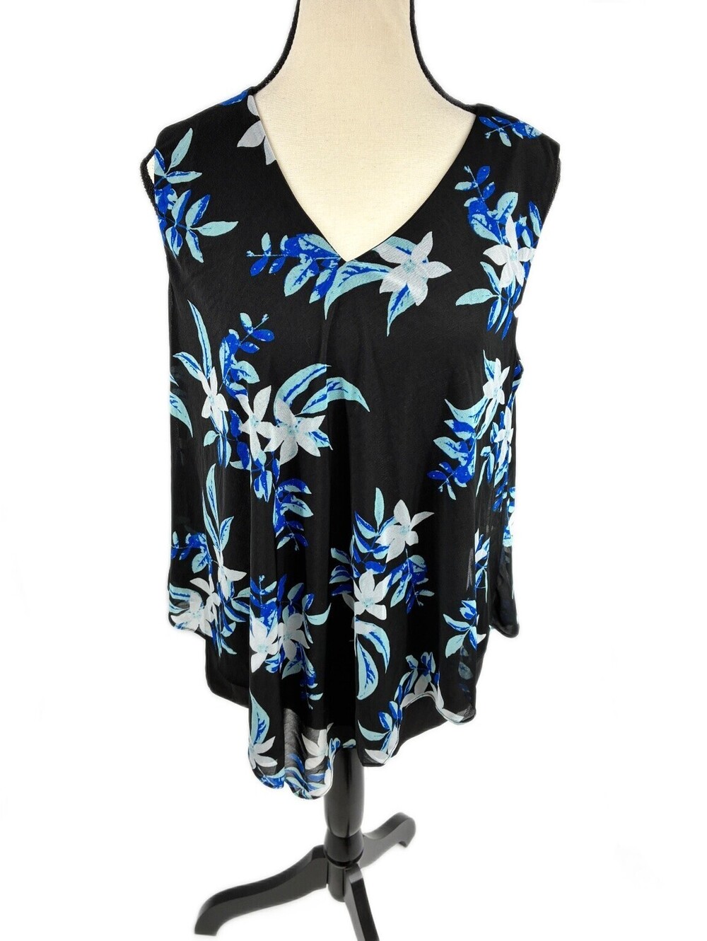 Alfani Petite L Sleeveless V-Neck Floral Top Blouse Black Blue White